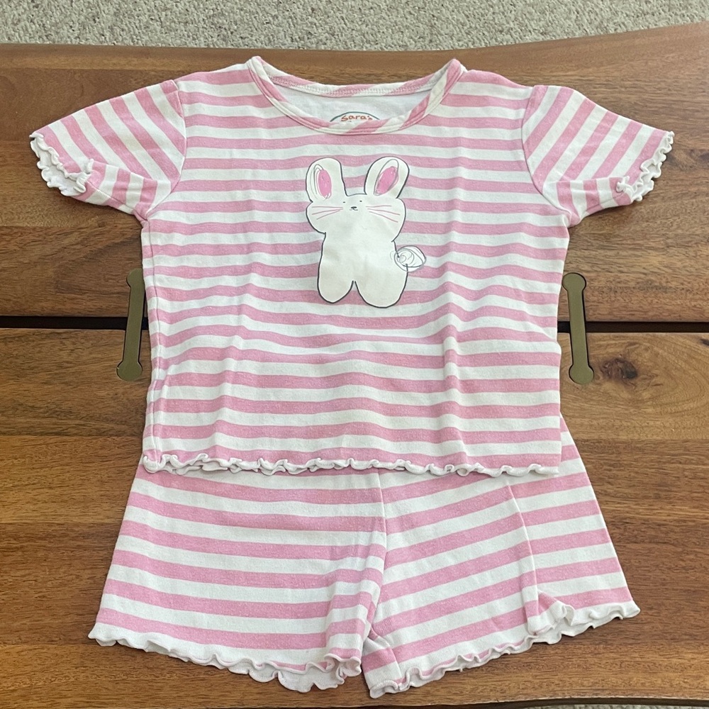 Sara's Prints Pink & White Striped Bunny Pajama Set. Short sleeve/shorts. Soft.